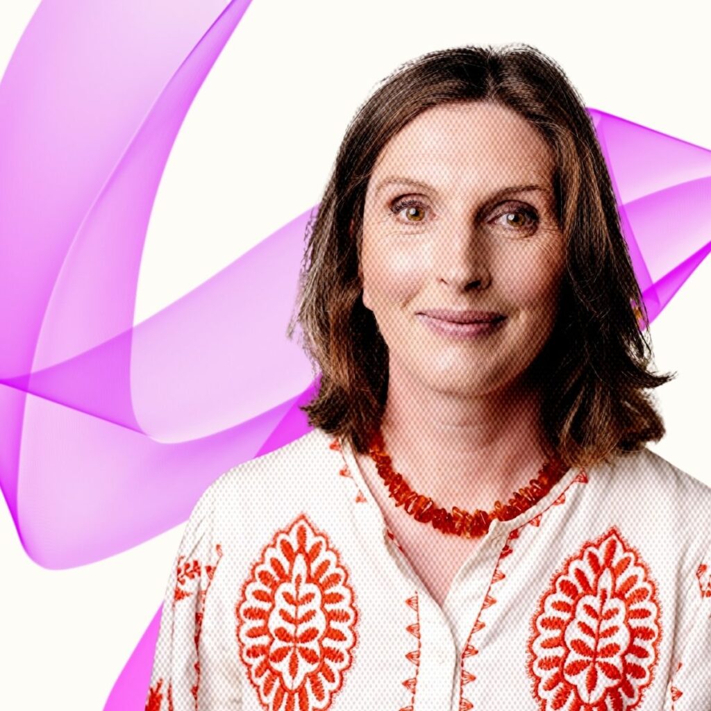 Hilary Young with pink graphic behind her