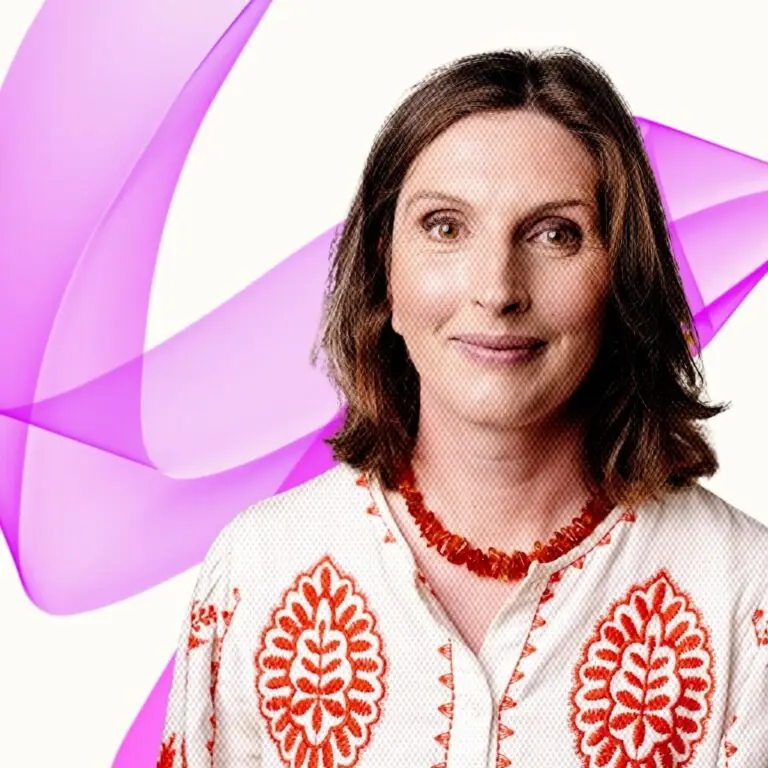 Hilary Young with pink graphic behind her