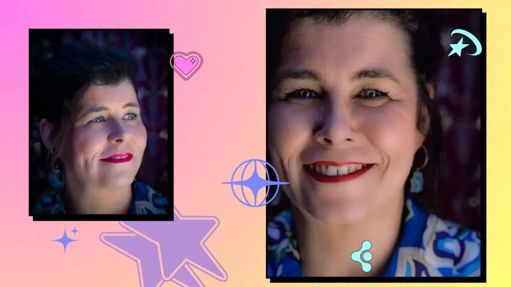 Two photos of a lady with blue eyes smiling.
